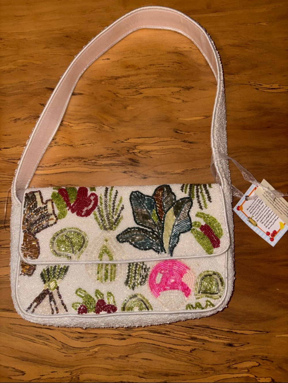 Viral Beaded Veggie Embroidered White Shoulder Bag